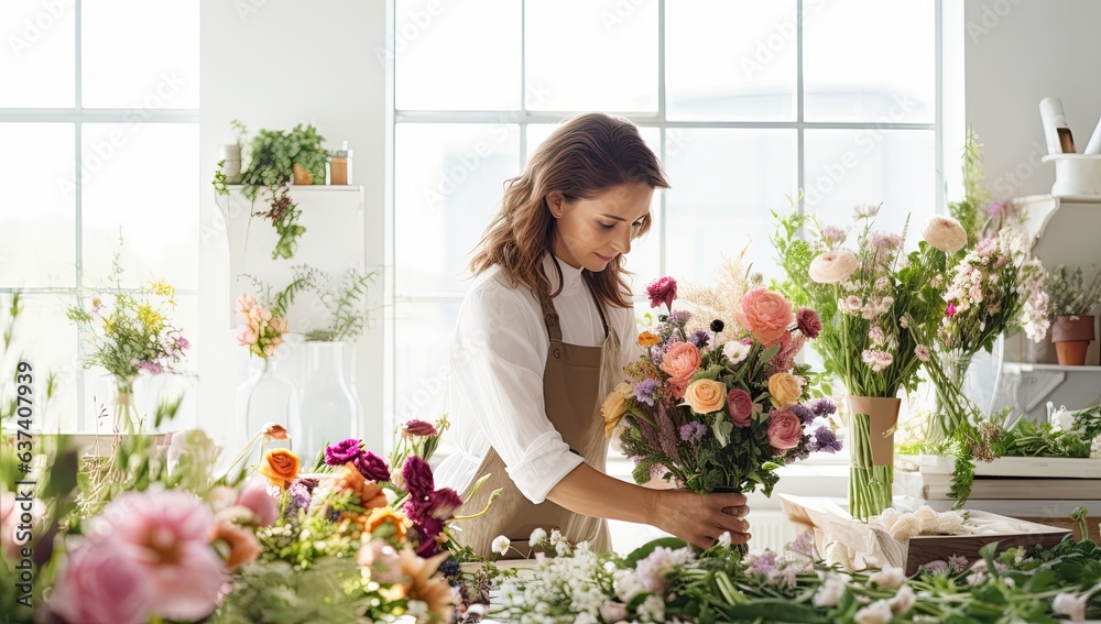 Female florist working in flower shop, making beautiful bouquet