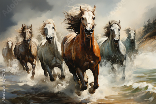 a herd of horses in the water