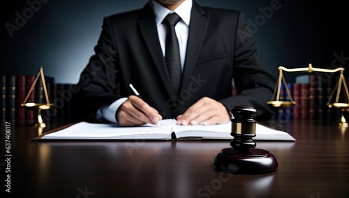 Male lawyer or judge working with contract papers and gavel in courtroom.