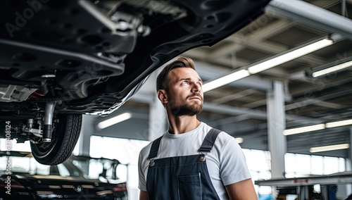 side view of handsome mechanic looking away while standing near car in garage