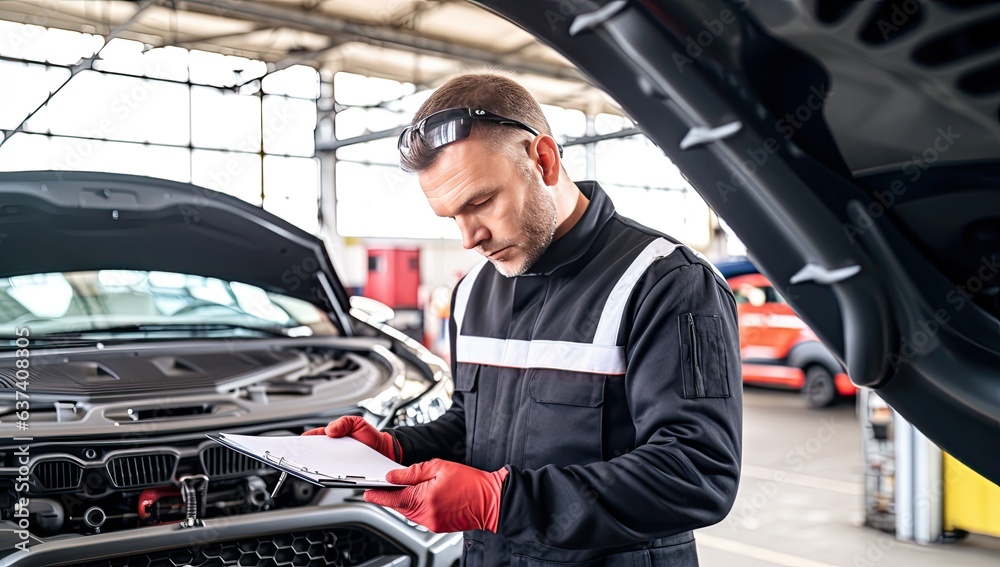 auto mechanic with clipboard checking car in auto repair shop, service industry auto mechanic with clipboard checking car in auto repair shop, service industry