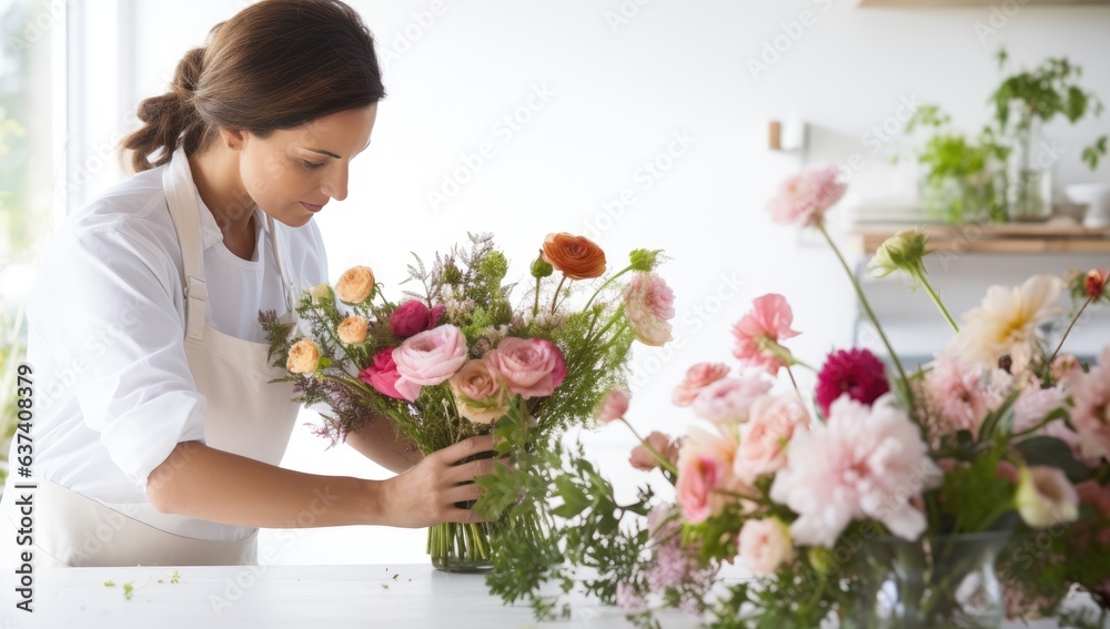 Young woman florist making bouquet of flowers in modern flower shop Young woman florist making bouquet of flowers in modern flower shop