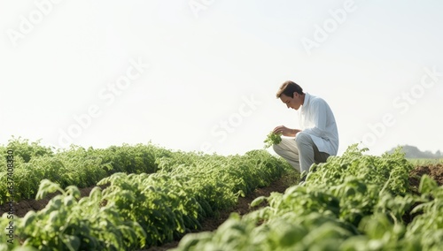 Farmer examining green lettuce plants in field on a sunny day.