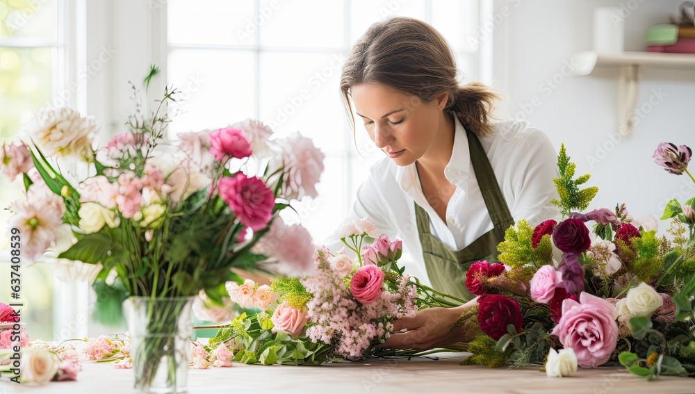 Florist making beautiful bouquet in flower shop. Young woman florist working in flower shop. Florist making beautiful bouquet in flower shop. Young woman florist working in flower shop.