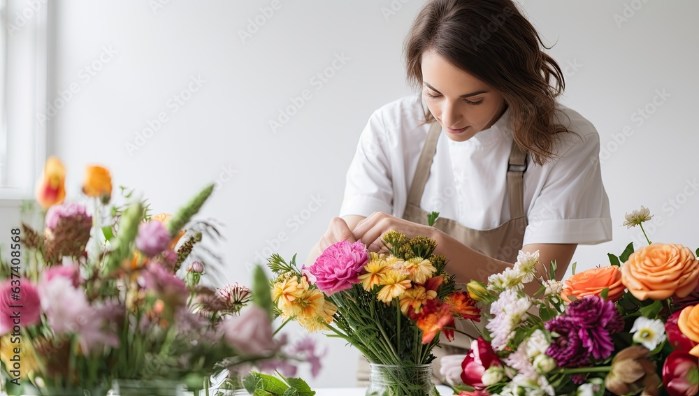 beautiful young florist arranging flowers in vase at flower shop beautiful young florist arranging flowers in vase at flower shop