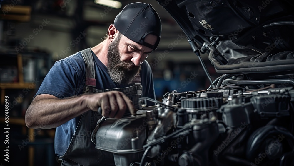 Portrait of a bearded mechanic working on a car in a garage