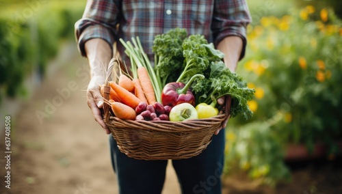 Farmer holding a basket full of fresh vegetables in the garden. © Meow Creations