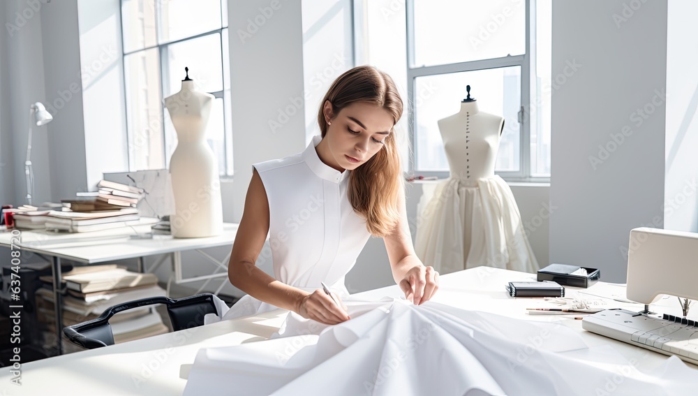 young fashion designer working with crumpled fabric in modern sewing studio