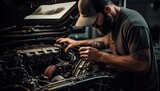 Close-up of a bearded tattooed mechanic repairing a car.