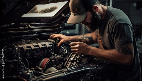 Close-up of a bearded tattooed mechanic repairing a car.