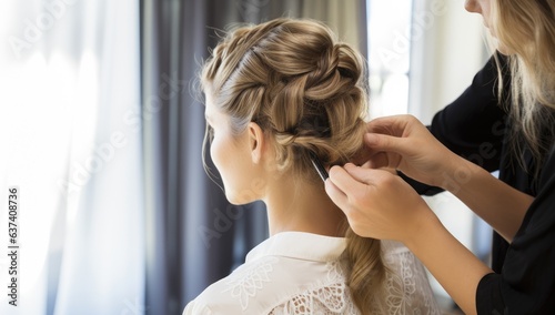 Professional hairdresser doing hairstyle of young woman in beauty salon photo