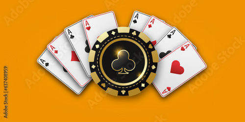 Realistic playing chip with the suit of clubs, gambling tokens. Fans of playing cards ace of all suits. The concept of playing poker or casino. Vector illustration on a orange bg.