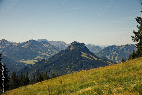 Blich auf den Sorgschrofen und die dahinterliegenden Alpen, Berggipfel im Hochsommer, © Renate