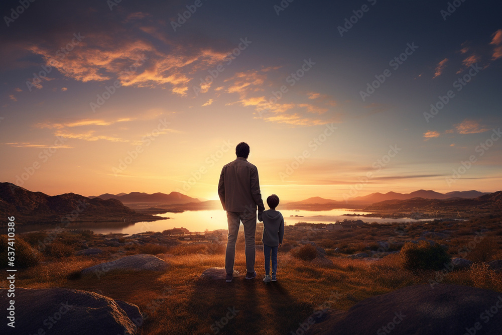 father and son walk together at sunset
