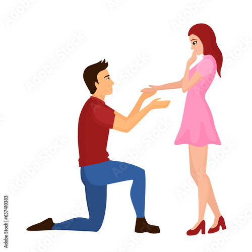 Man making marriage proposal. Couple engagement, lovely partners vector illustration