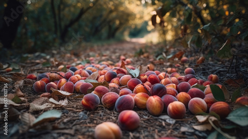 In the bountiful season of autumn, a variety of ripe fruits, including juicy peaches, have fallen to the ground, creating a picturesque scene amid the colorful foliage.