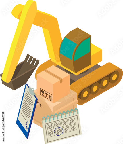 Excavator work icon isometric vector. Large crawler excavator near postal parcel. Construction concept, building site