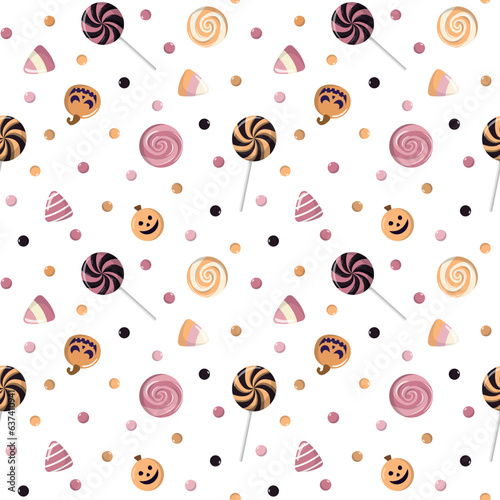 Halloween holiday candies pattern. Vector background with Halloween candies. Spooky desserts. Isolated on white background. Hand drawn delicious sweets.