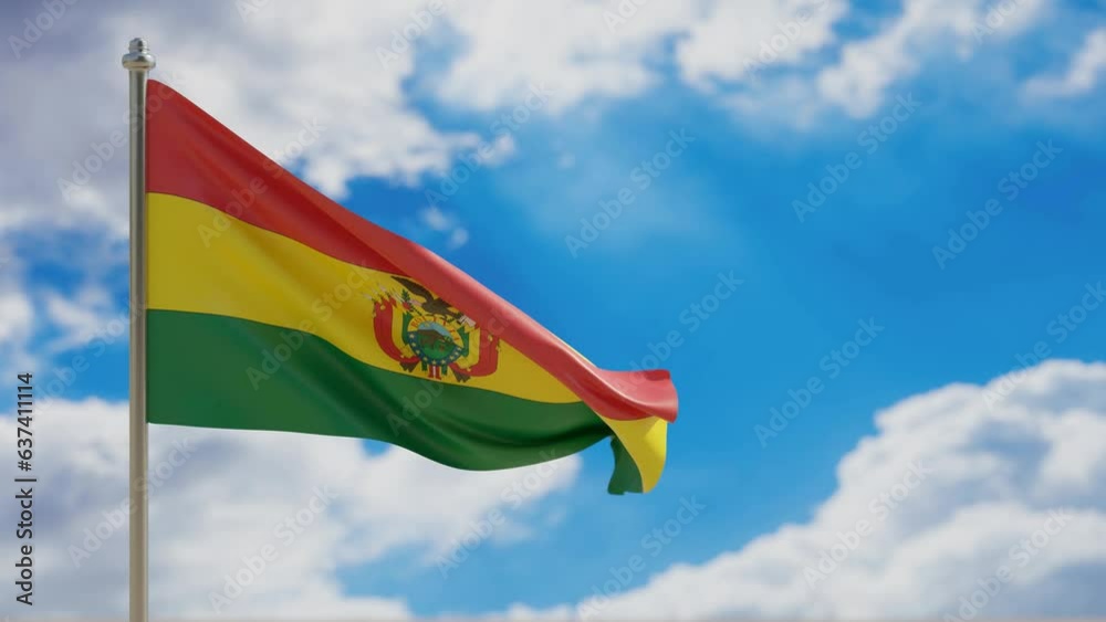 Bolivia country national flag waving on blue sky background. 3d video footage