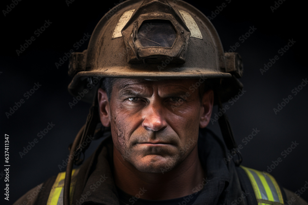 A portrait capturing the resilience etched into a firefighter's expression, a testament to his readiness for the unpredictable challenges. 