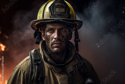 Emerging from a smoky scene, a firefighter's expression tells the story of someone who constantly confronts danger with unwavering courage.  © Maksym