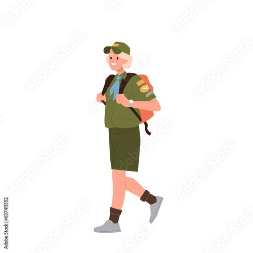 Schoolboy scout in uniform carrying backpack smiling and walking isolated on white background