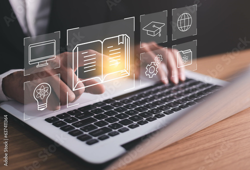 Concept of Online education. man use Online education training and e-learning webinar on internet for personal development and professional qualifications. Digital courses to develop new skills.