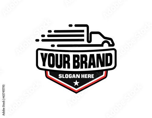 Shipping fast delivery truck with clock. Online delivery service. Express delivery, quick move. Fast shipping truck for apps and websites. Line cargo van moving fast