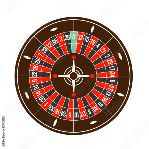 European roulette wheel in brown and white, isolated on white. Casino roulette wheel simplified 2d vector image. 