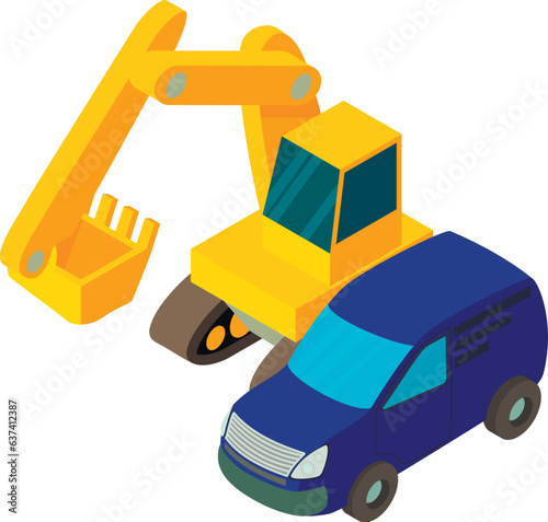 Building site icon isometric vector. Crawler excavator near blue automobile icon. Construction concept photo