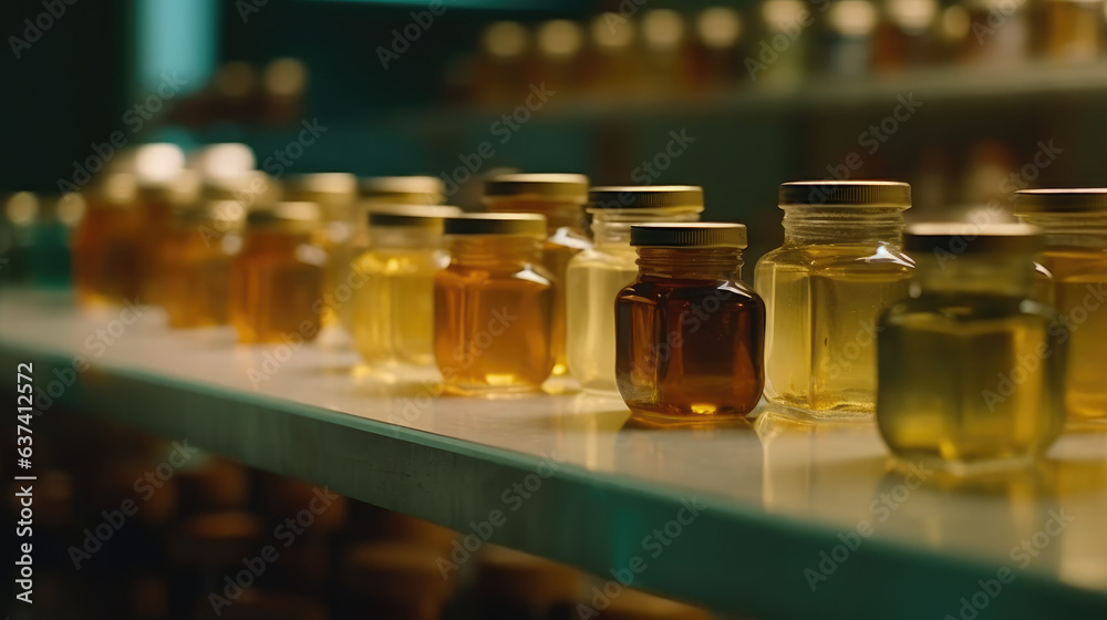 Honey in glass jars on the counter display. Selling delicious and healthy products. Honey in glass jars on the counter display. Selling delicious and healthy products.