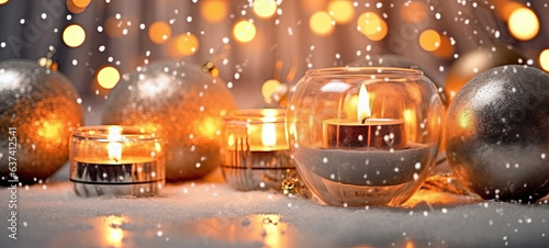 Christmas Decorations With Colorful Candles On A Snowy Background. Focus Stacking Bright Light AI Generative