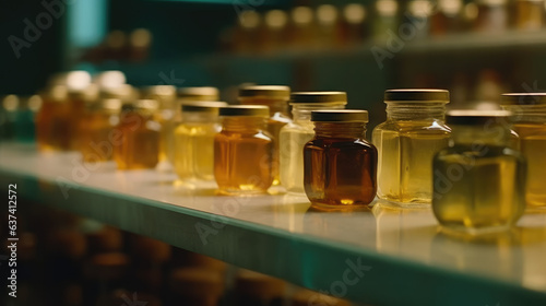 Honey in glass jars on the counter display. Selling delicious and healthy products.