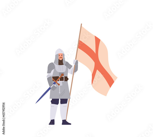 Medieval knight character holding flag with heraldic signs and symbols standing isolated on white