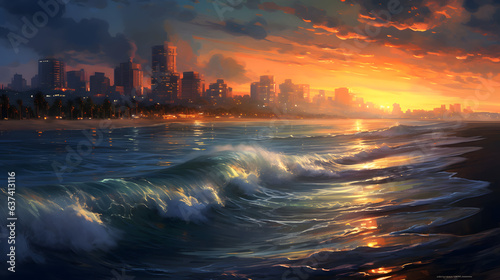 Late summer sunset on the city coast; Sunset reflecting on the sea; Sunglint over the ocean; Town ​​during late sunset; Beautiful sky; Restless waves crash into the city's shore; 
Resolution 5824x3264 photo