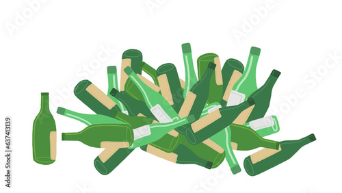 Pile of empty glass bottles from alcohol, wine, beer, rum, tequila. Concept of alcoholism, drunkenness, alcohol abuse, alcohol addiction. Garbage, ecology and pollution concept. Vector isolated