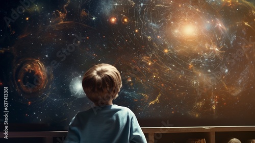 A student attentively looking at a blackboard with a space-themed drawing on it