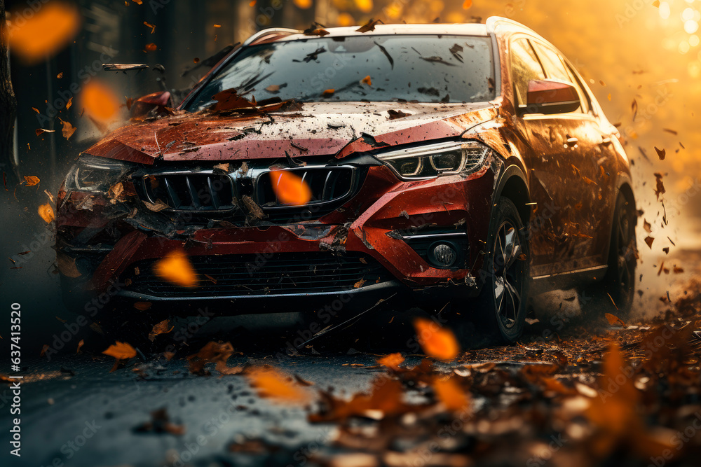 Fototapeta premium Car crash accident in freeze motion on the road