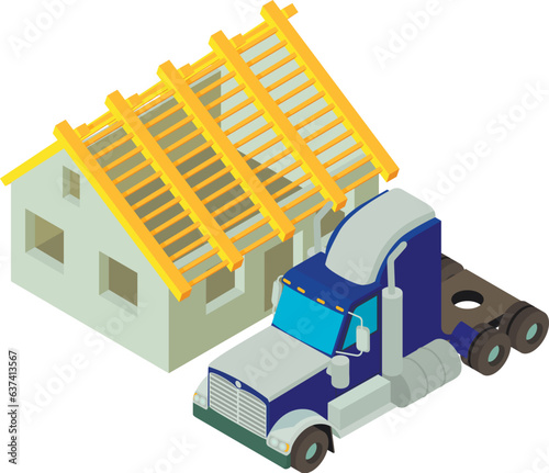 Construction work icon isometric vector. Semi trailer truck and unfinished house. Building site, reconstruction