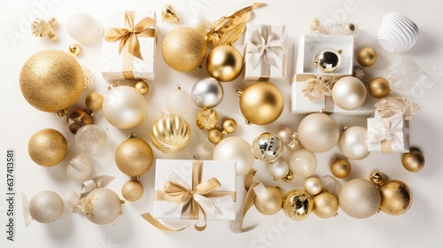 Christmas decoration with golden gift and ball isolated on white background