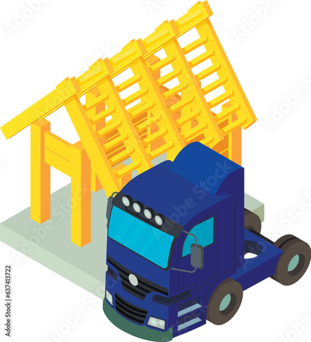 Building progress icon isometric vector. Semi trailer truck and unfinished house. Building and reconstruction work