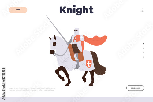 Knight landing page template with ancient medieval soldier in armor holding weapon riding horse