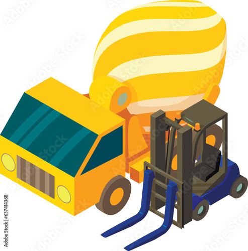 Machine equipment icon isometric vector. Concrete mixer truck and automat loader. Construction and warehouse equipment