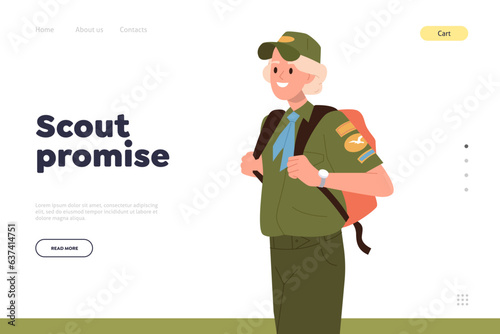 Scout promise concept for landing page design template with happy schoolchild in ranger uniform