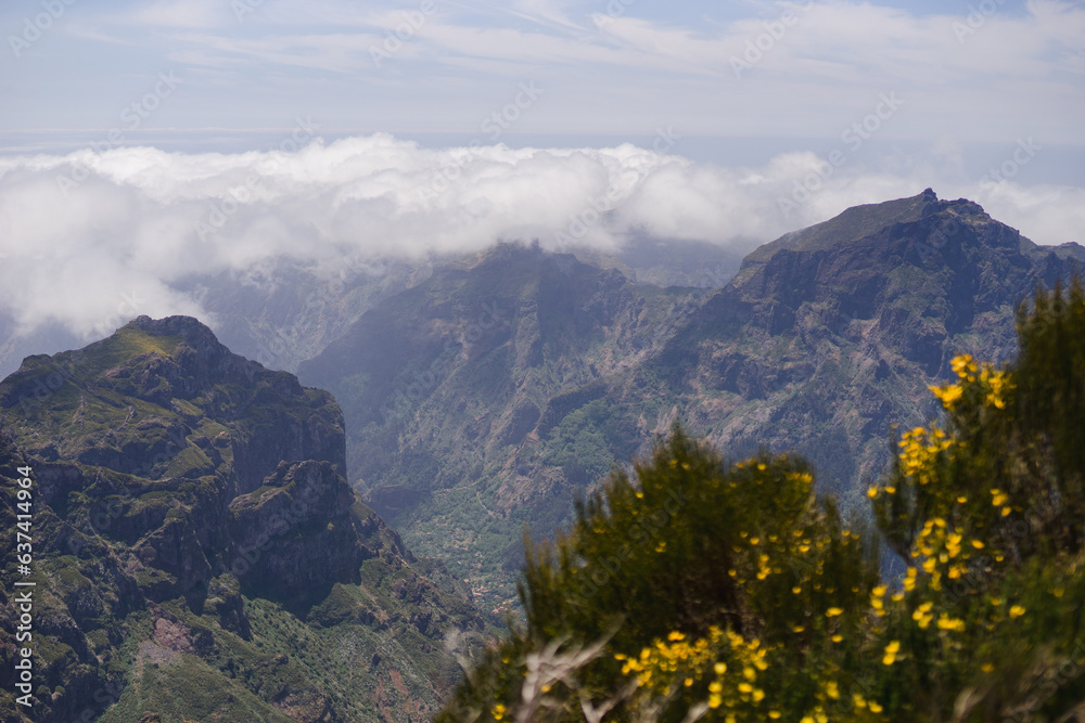 Travelling and exploring Madeira island landscapes and famous places. Summer tourism by Atlantic  ocean and mountains. Outdoor views on beautiful water, sky, cliffs, coastline and travel destination.