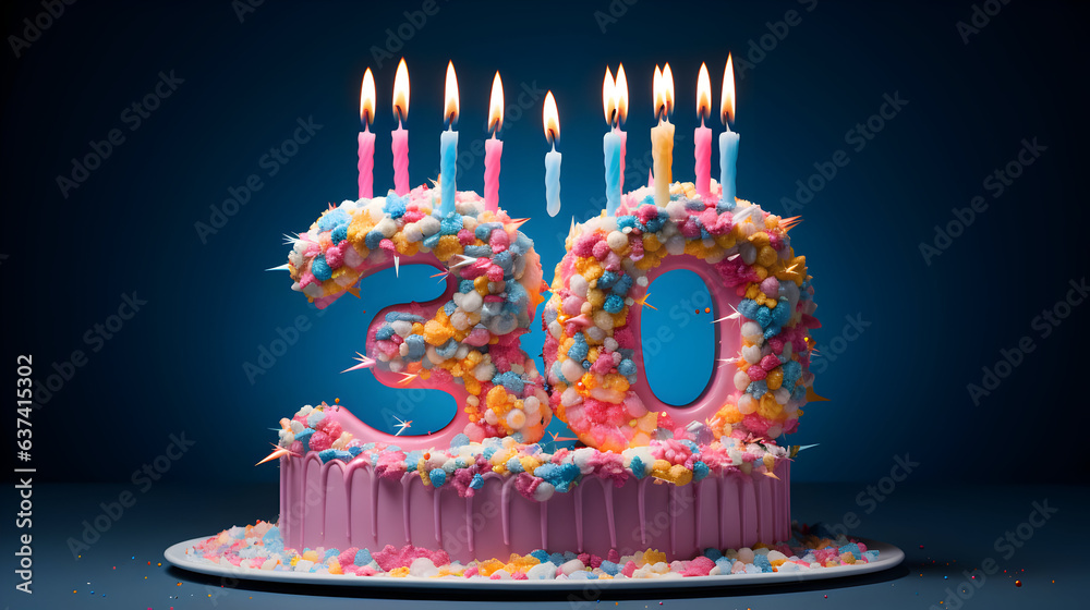 photo 30 birthday celebrating arrangement with birthday cake - obrazy, fototapety, plakaty 