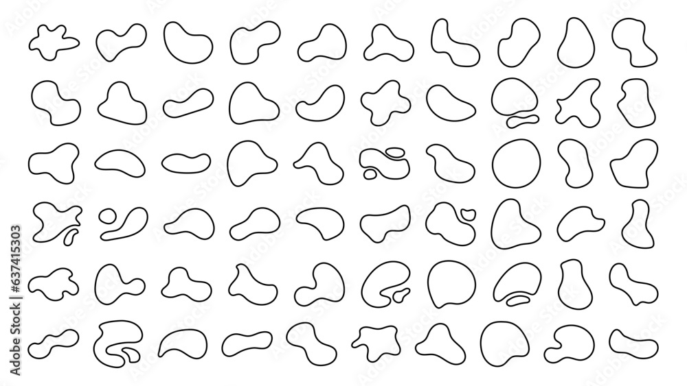 Outline blob shapes, fluid or liquid round abstract elements. Black simple blotch water forms. Vector illustration. Big set shapes.