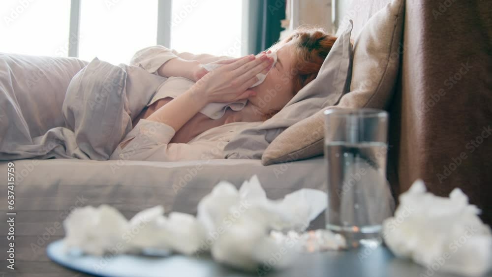 Caucasian ill upset sick unhealthy unwell woman blowing running nose sickness girl flu cold sneezing in tissue lying in bed health problem flue allergy symptoms holding napkin throw away in bedroom