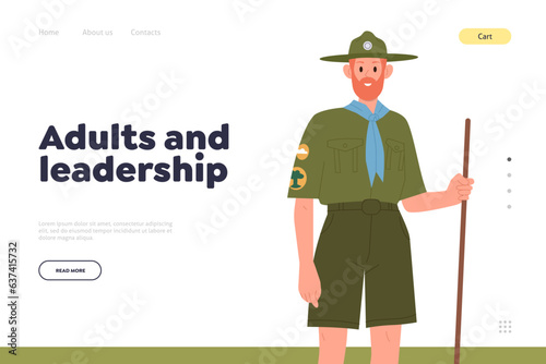 Adults and leadership concept for landing page design template with forest ranger in uniform