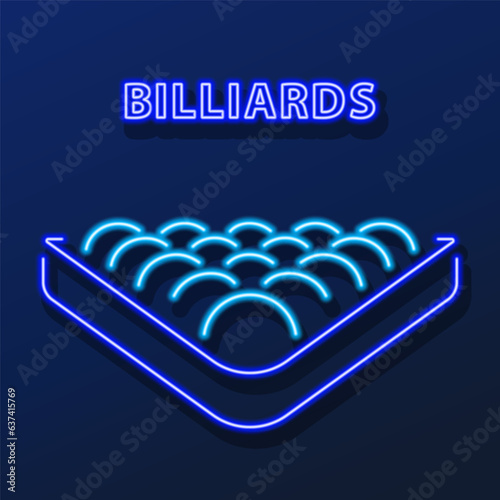 billiards neon sign, modern glowing banner design, colorful modern design trend on black background. Vector illustration.